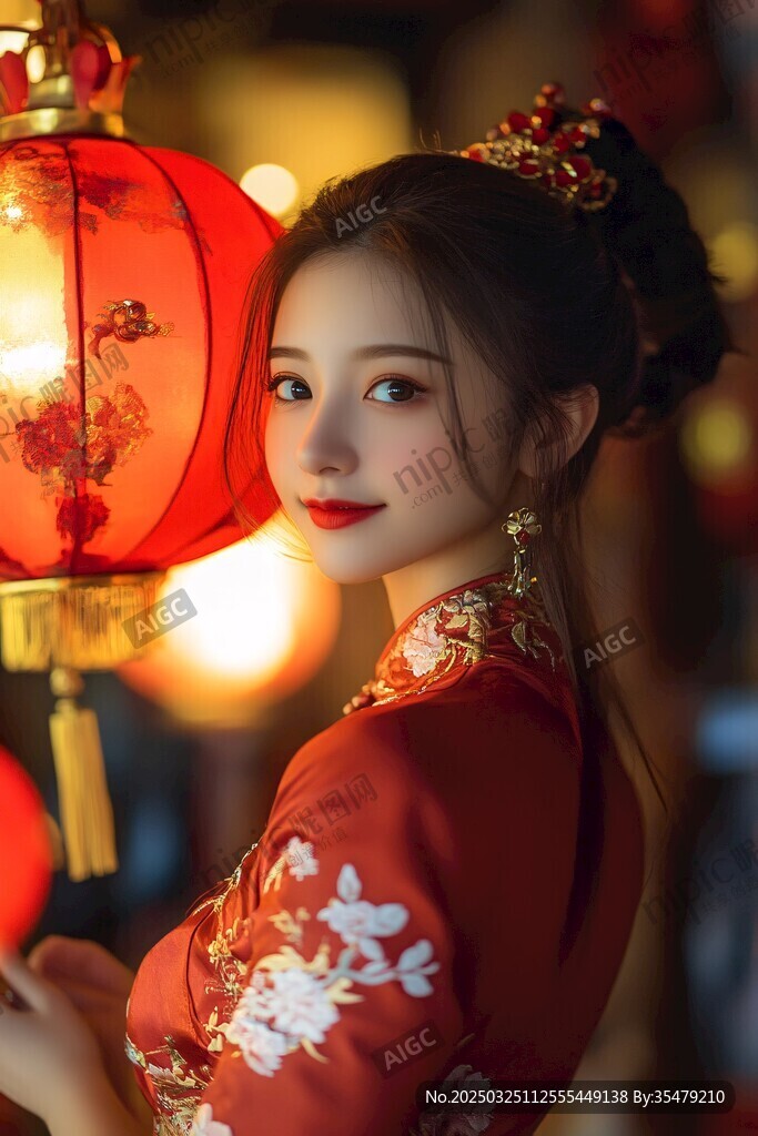 红衣佳人持灯展古韵