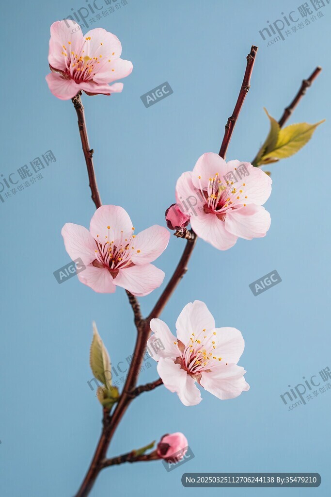 蓝背景下绽放的粉嫩桃花