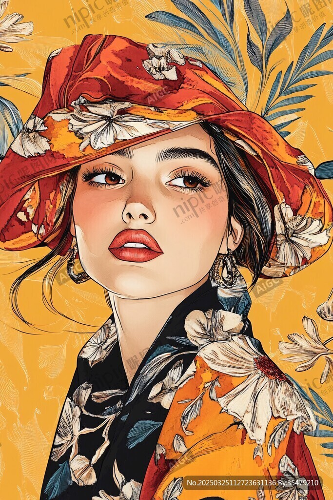 时尚花帽女子插画肖像