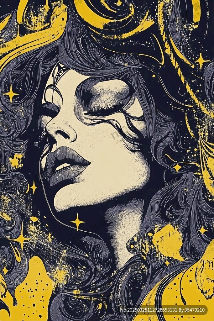 梦幻卷发女性的神秘星空