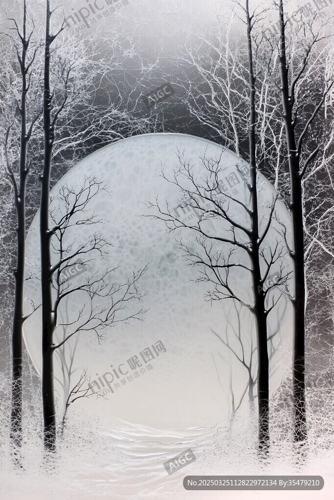 雪夜林间明月景