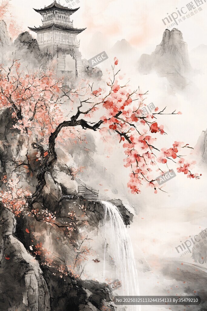 水墨山水间的红梅与古亭