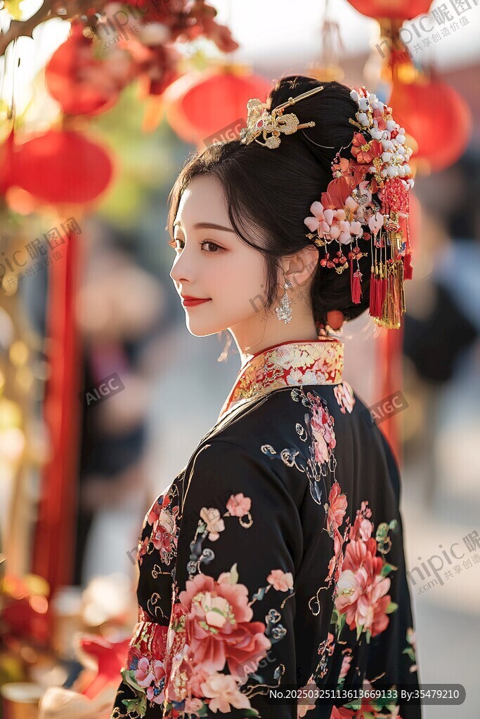 古典佳人着华服倚红灯
