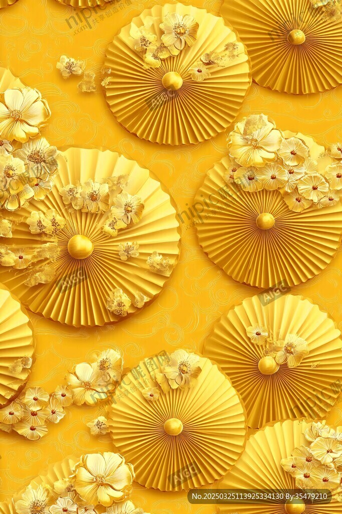 金色折扇花卉立体装饰图案