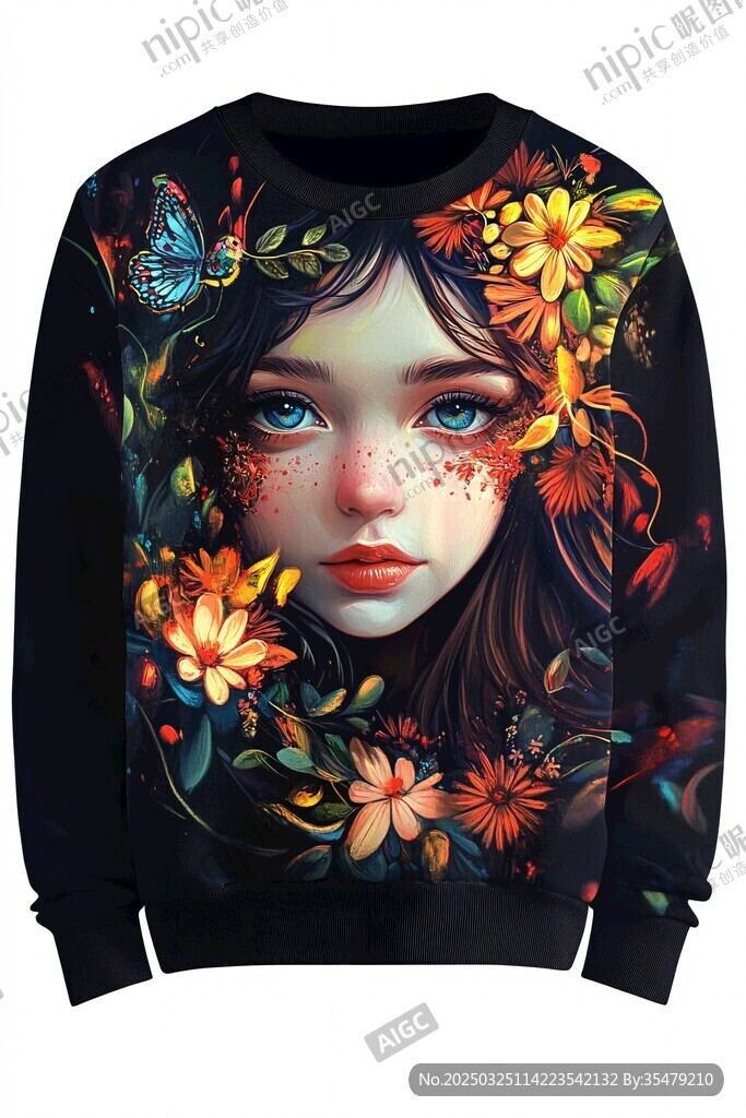 花卉少女图案黑色卫衣