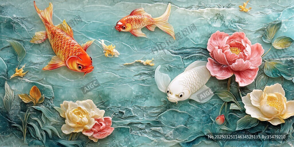 锦鲤戏花浮雕艺术图景