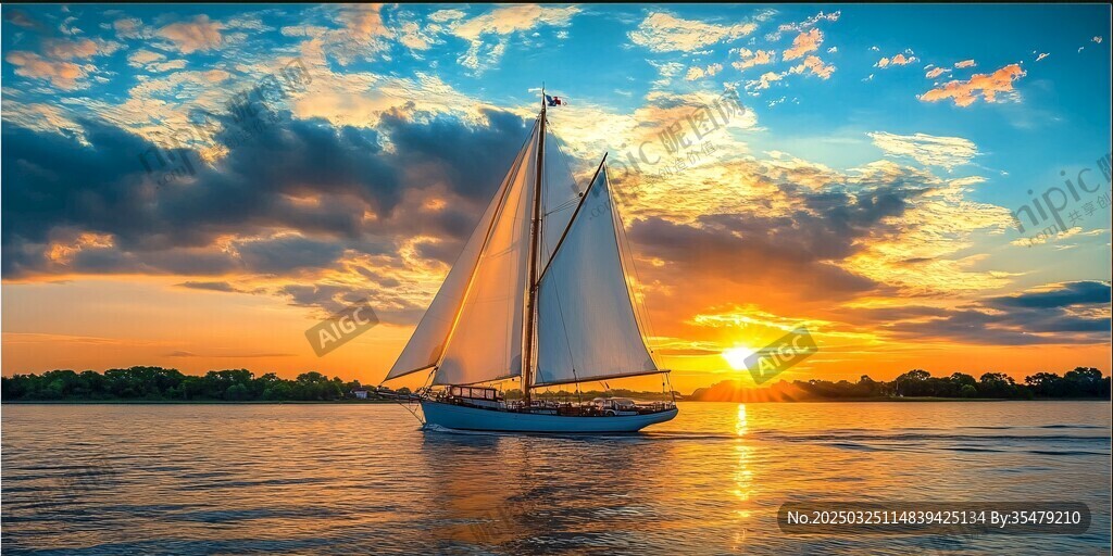 夕阳下的帆船海上美景