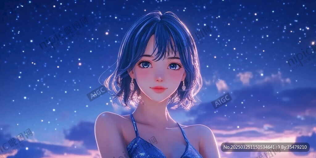 星空下的梦幻短发少女