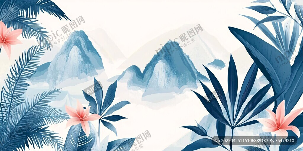 蓝调山水植物插画背景