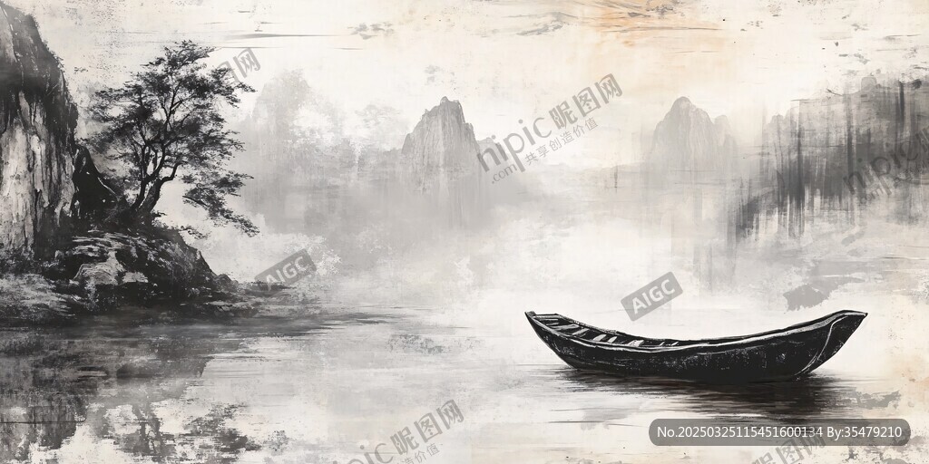孤舟泛于山水间