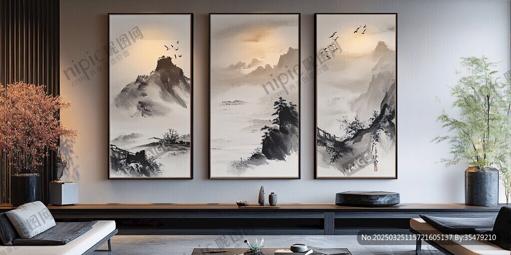 中式客厅三联山水装饰画