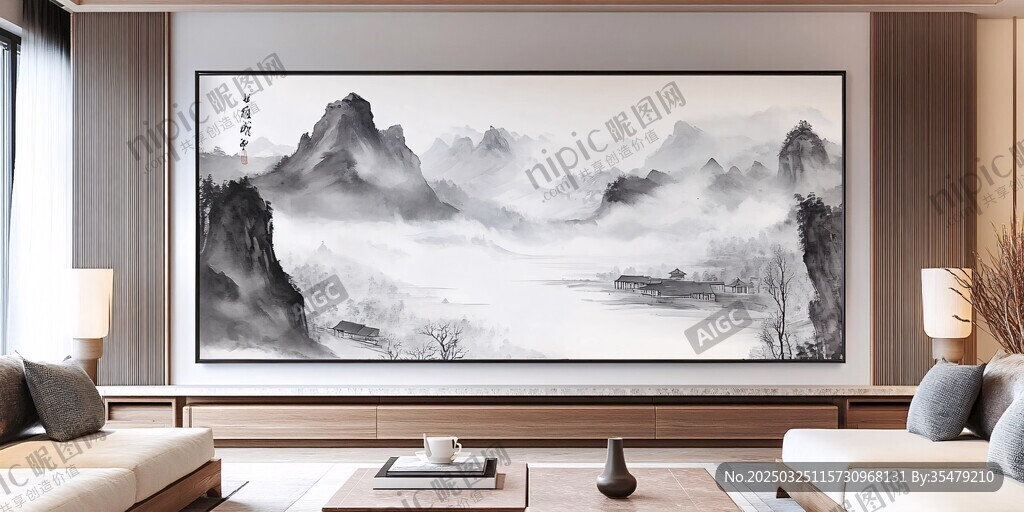 中式客厅里的山水墨画装饰