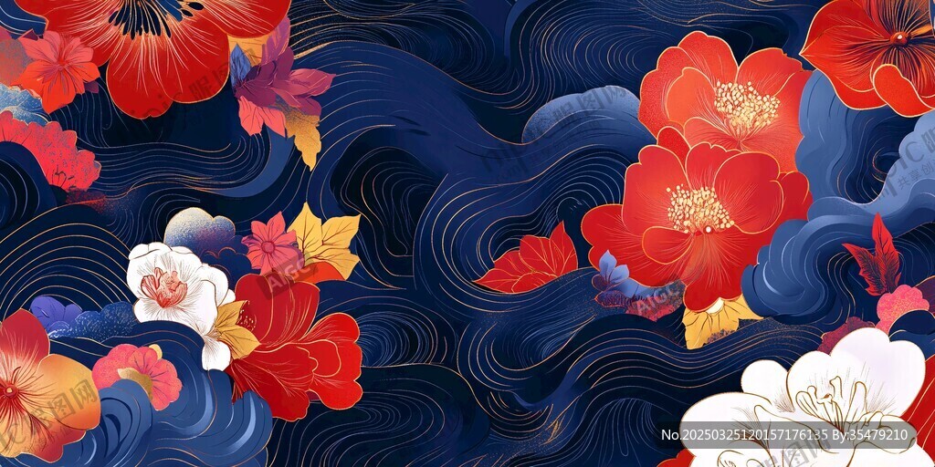 中式繁花海浪纹图案背景