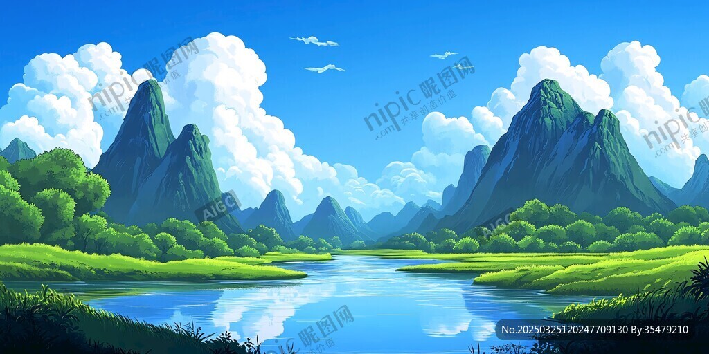 青山绿水间的宁静山水画卷