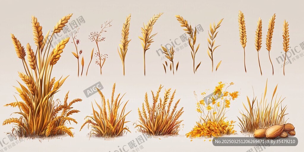 手绘麦穗与田间植物集合