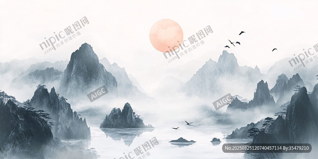 水墨山水间的日出盛景