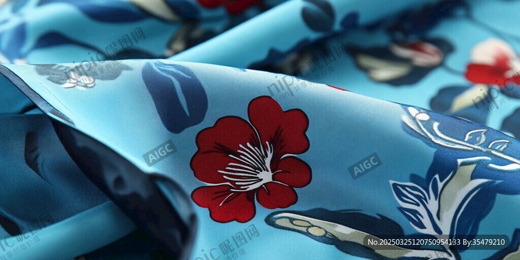 蓝色花卉印花丝绸面料