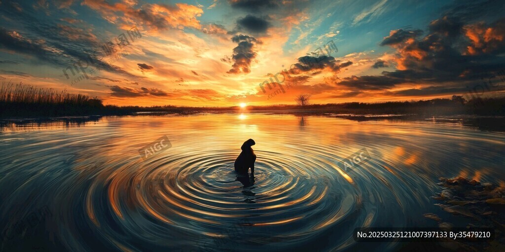 夕阳下独站水中的孤独身影