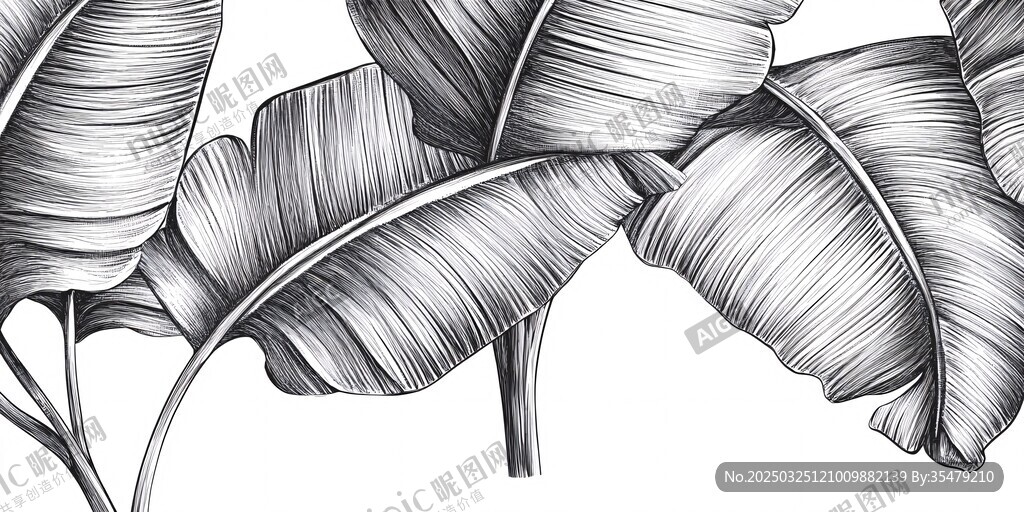 黑白手绘芭蕉叶图案