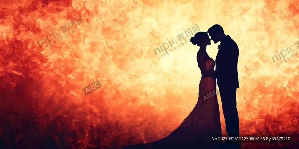 浪漫夕阳下的新婚夫妇剪影
