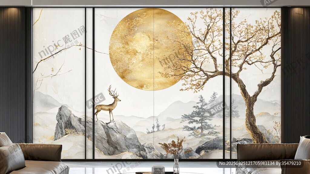 中式山水鹿月背景墙装饰