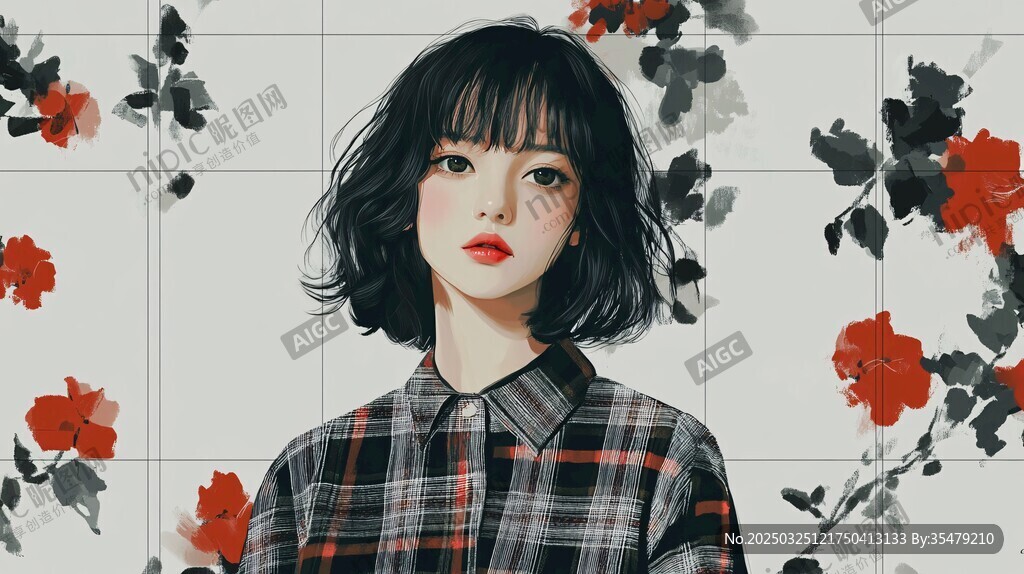 短发少女与花卉图案