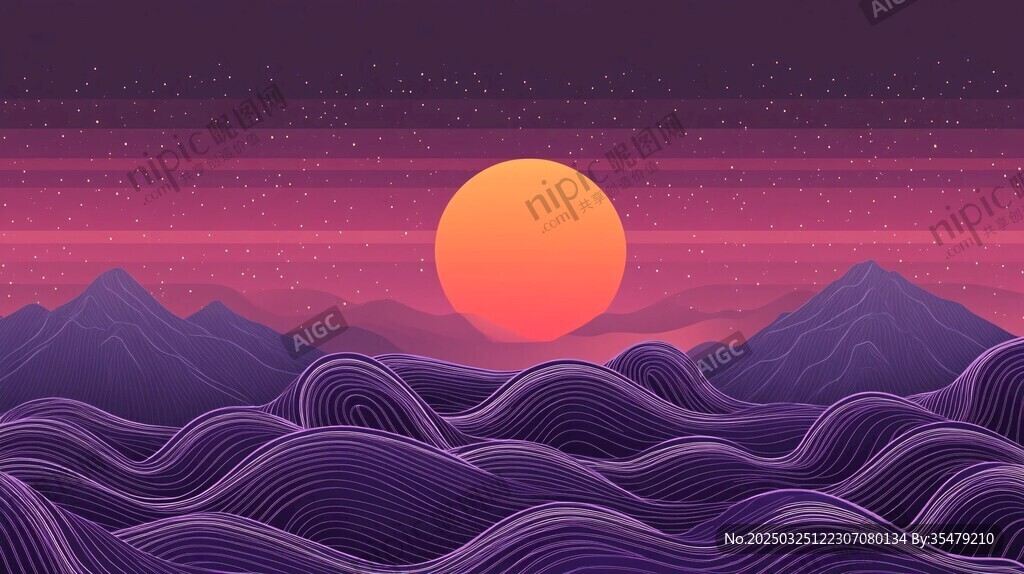 紫色梦幻山间日落美景