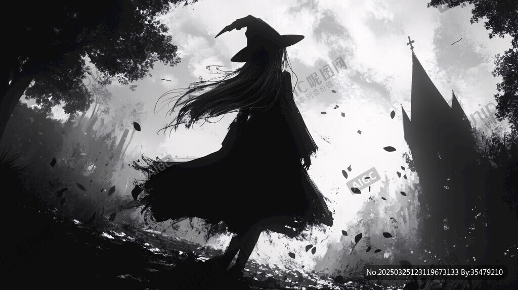 女巫在魔幻森林中的剪影