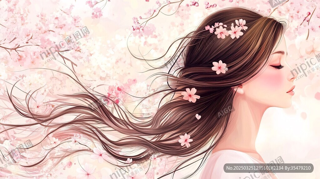 樱花下的长发少女