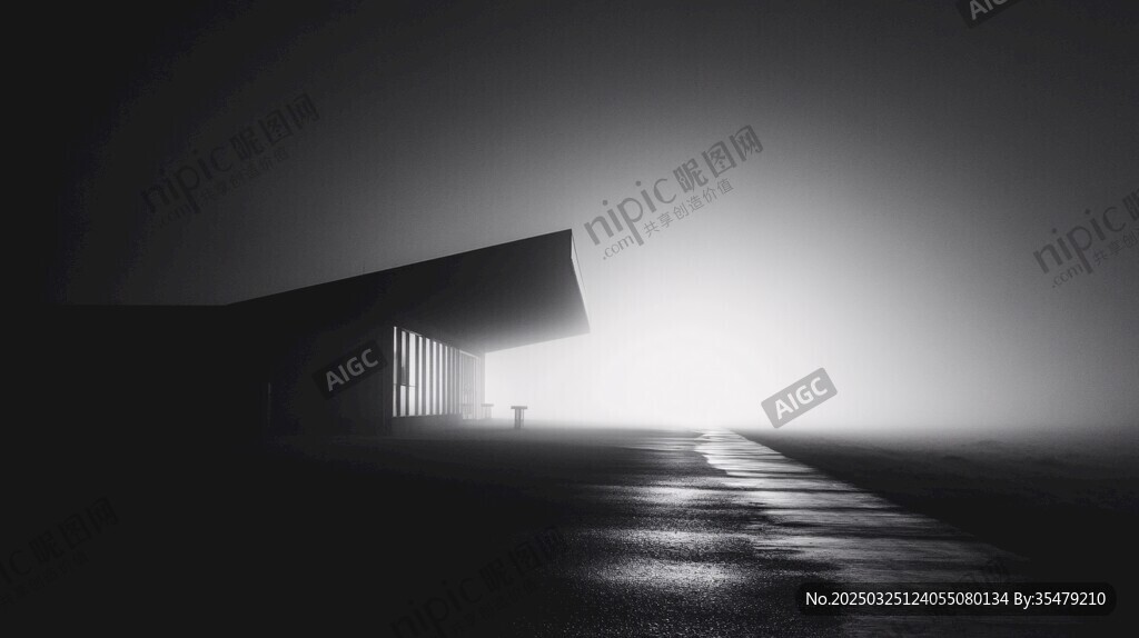 雾中建筑的神秘光影
