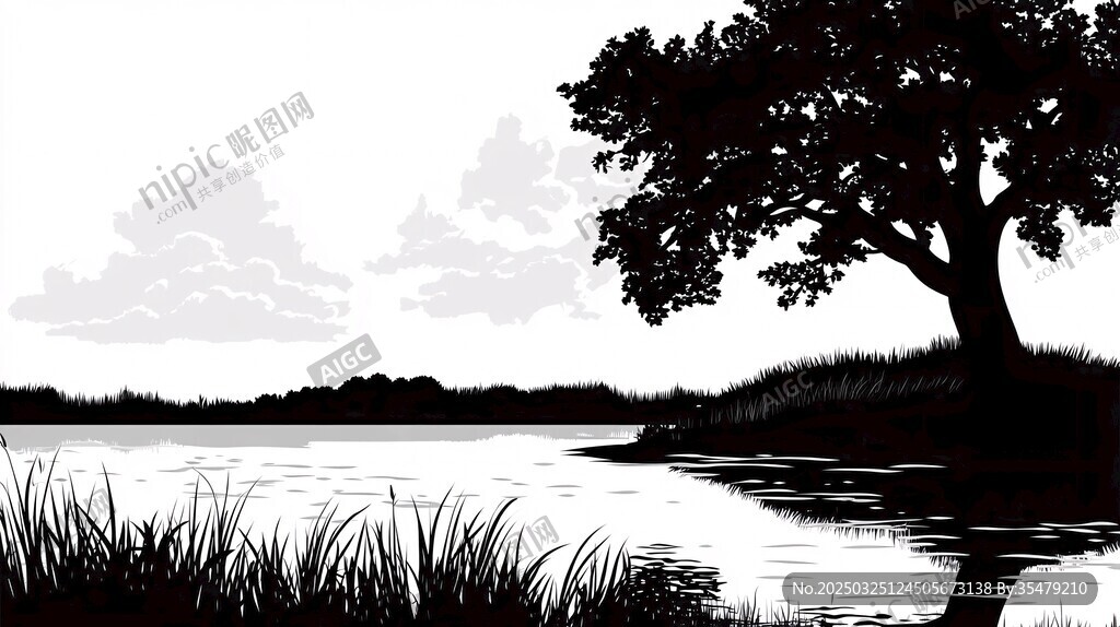 湖畔孤树黑白风景剪影