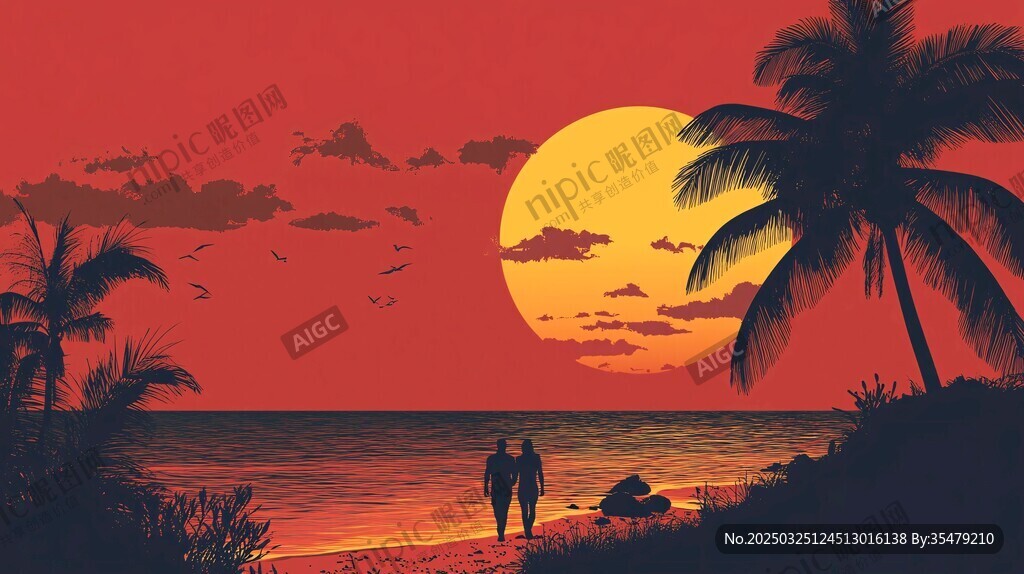 夕阳下海滩漫步的浪漫身影