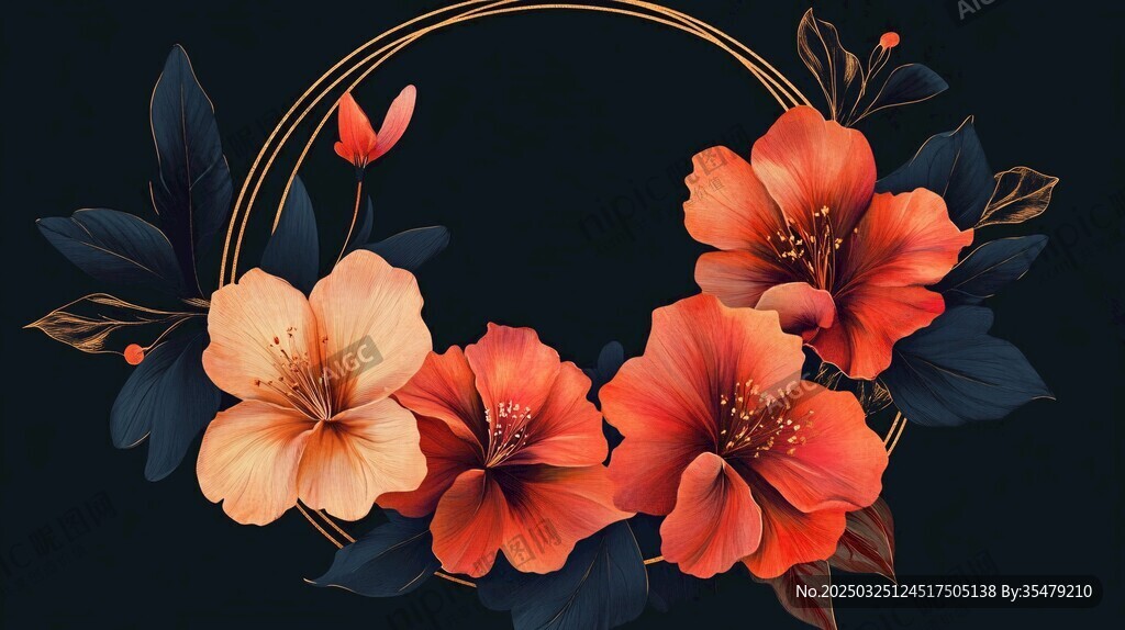 花卉环绕金色圆环插画