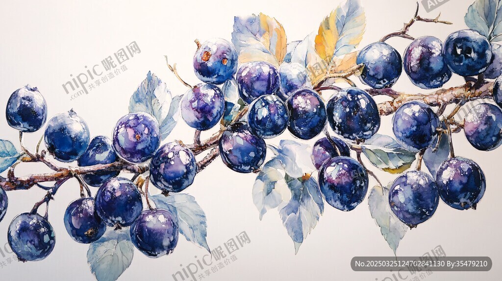 蓝紫色果实与枝叶水彩画
