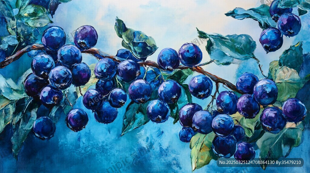 蓝紫色浆果枝头水彩画