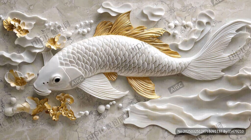 金尾白鲤浮雕装饰艺术
