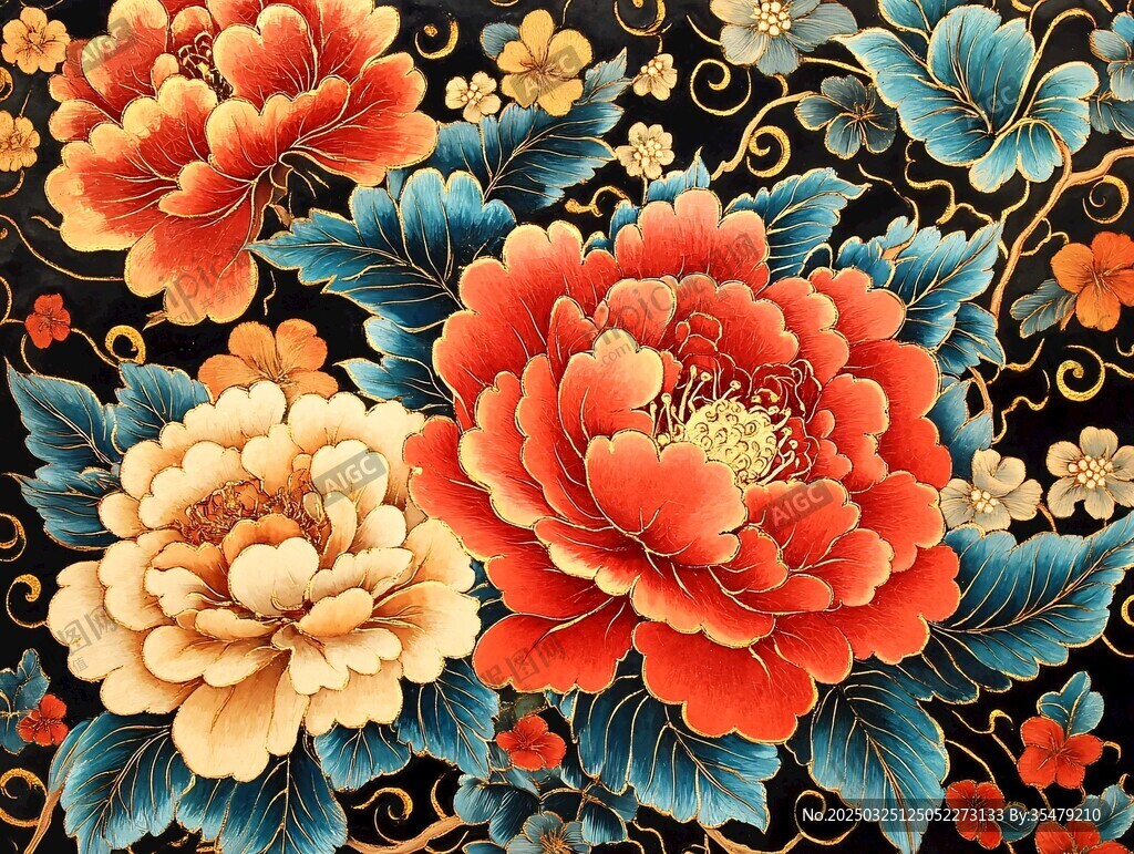 中式牡丹花卉华丽图案