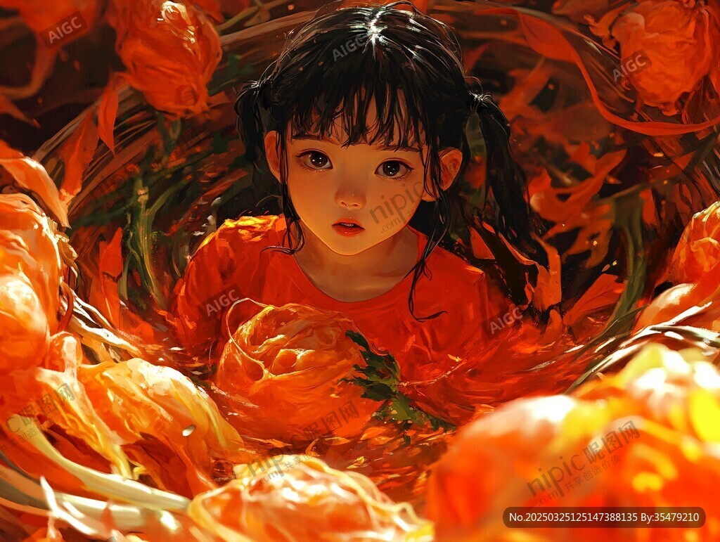 少女置身绚烂橙色花海中