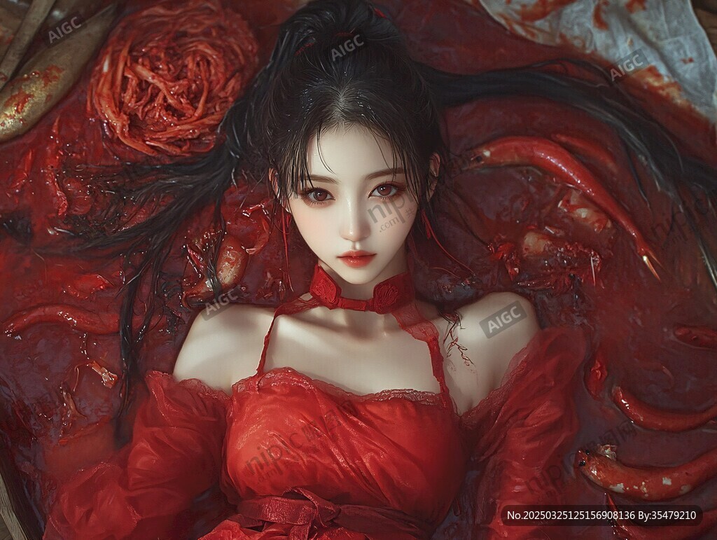 红衣女子置身血色浪漫场景