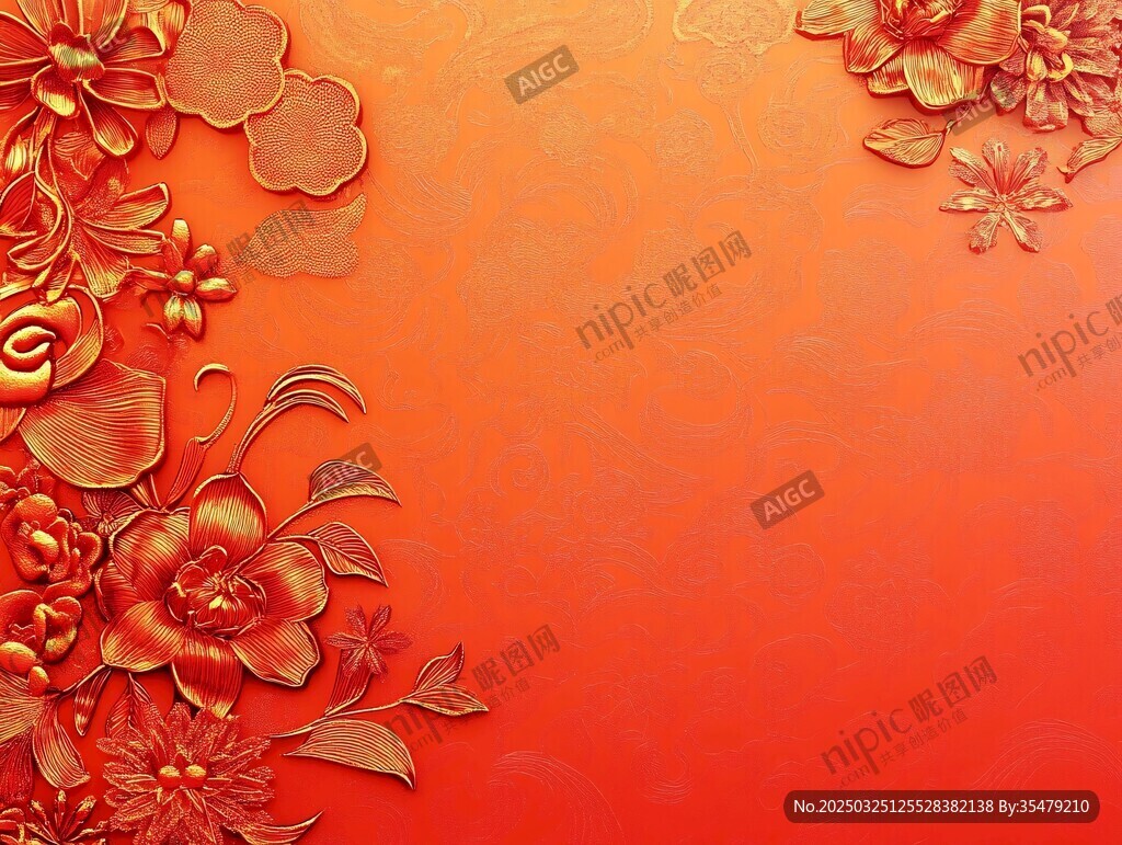 橙红背景上的精致花卉浮雕