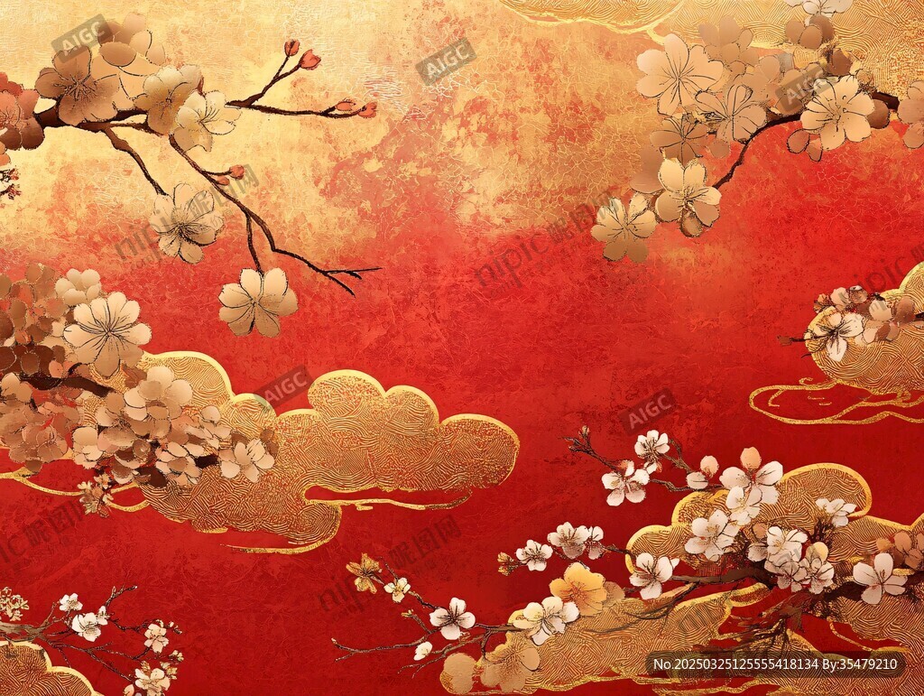红金梅花祥云中式背景图