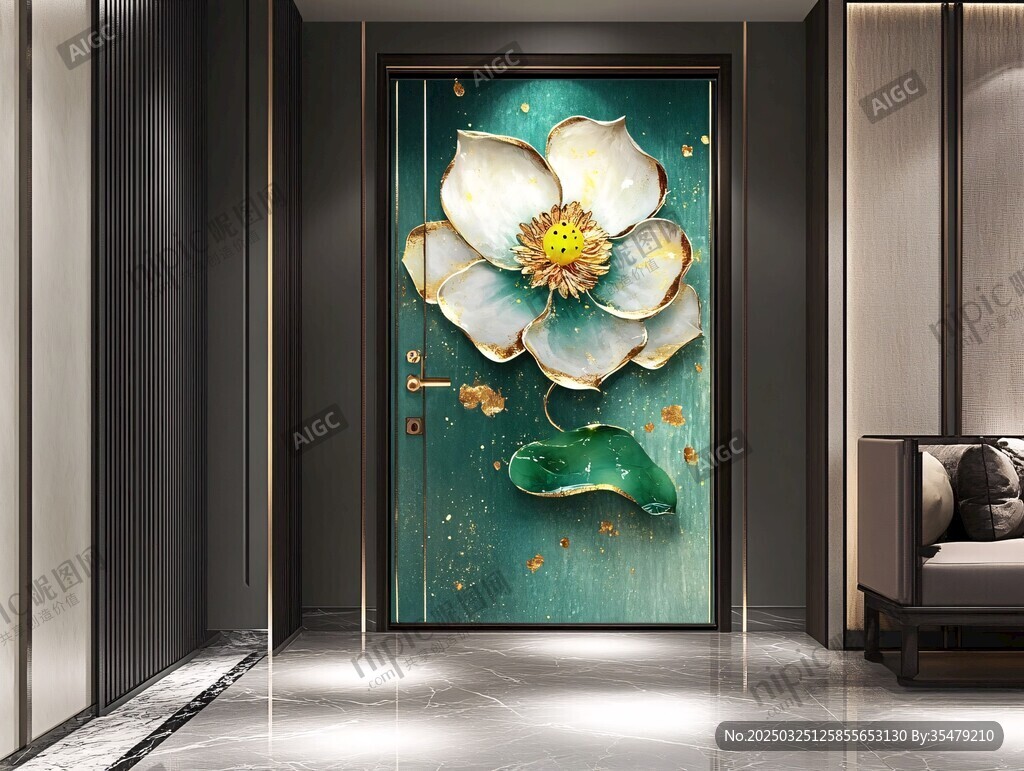 中式玄关精美荷花艺术壁画