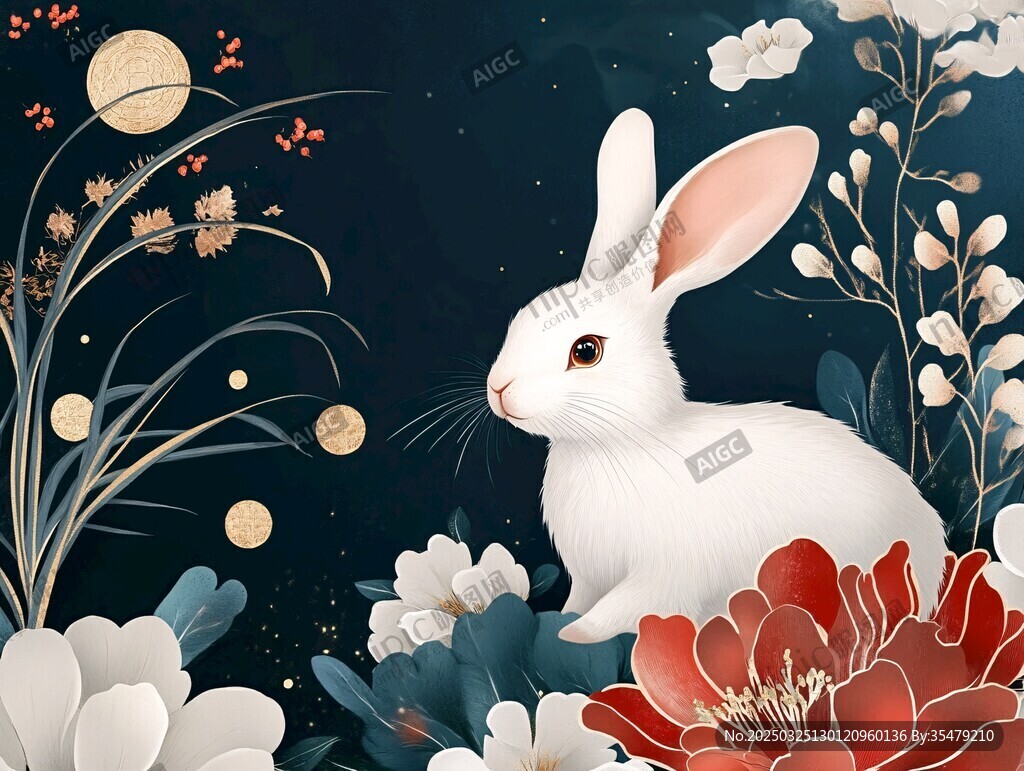玉兔伴繁花 月夜诗意景