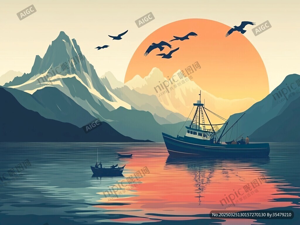 夕阳下的湖山渔船美景
