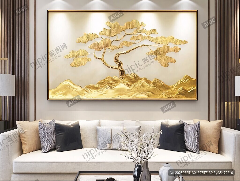客厅中式金色松树装饰画