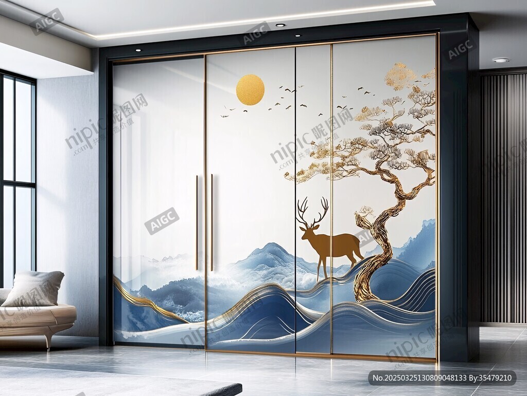中式山水麋鹿衣柜玻璃门