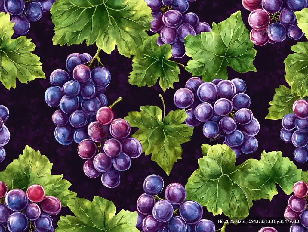 水彩风葡萄绿叶无缝图案