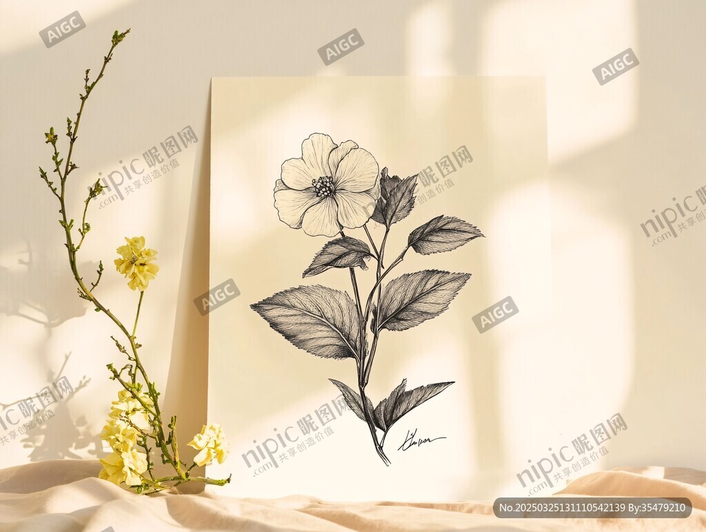 手绘花卉图与春日花枝
