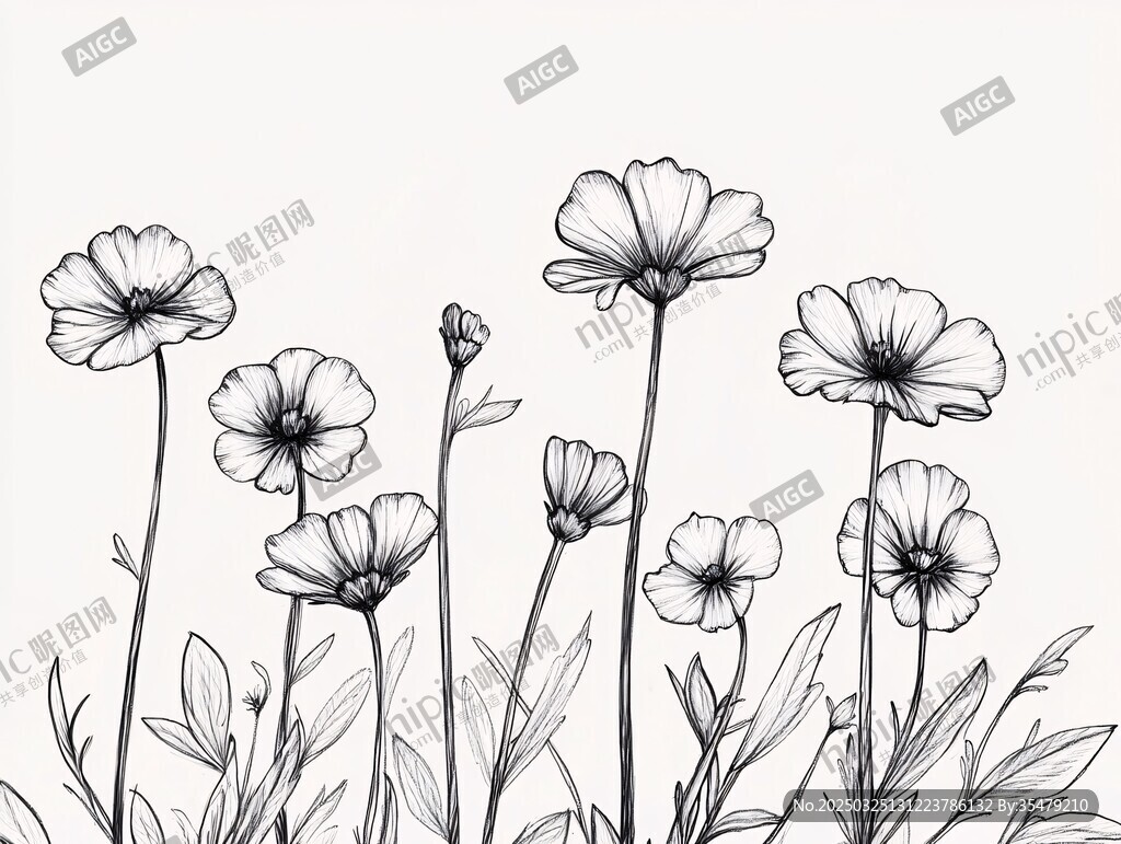手绘黑白花卉线稿图