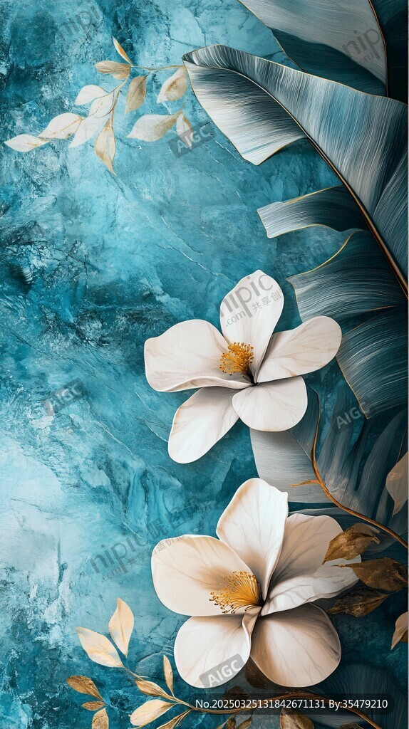 蓝底花卉 优雅白花朵与绿叶